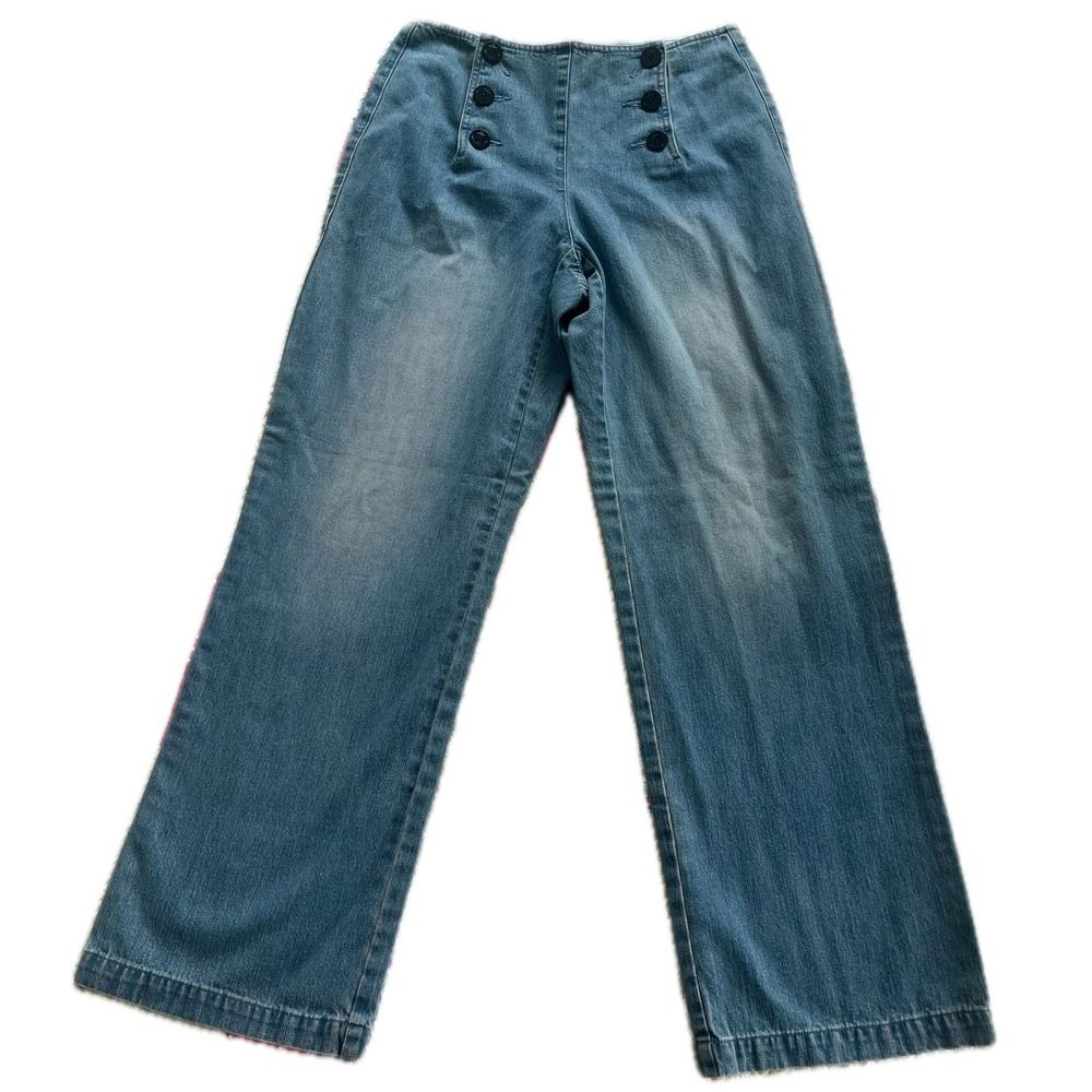 Vintage 90s Jeans Women Sz 10 Blue Sailor Wide Leg High Waist Nautical Fall Chic